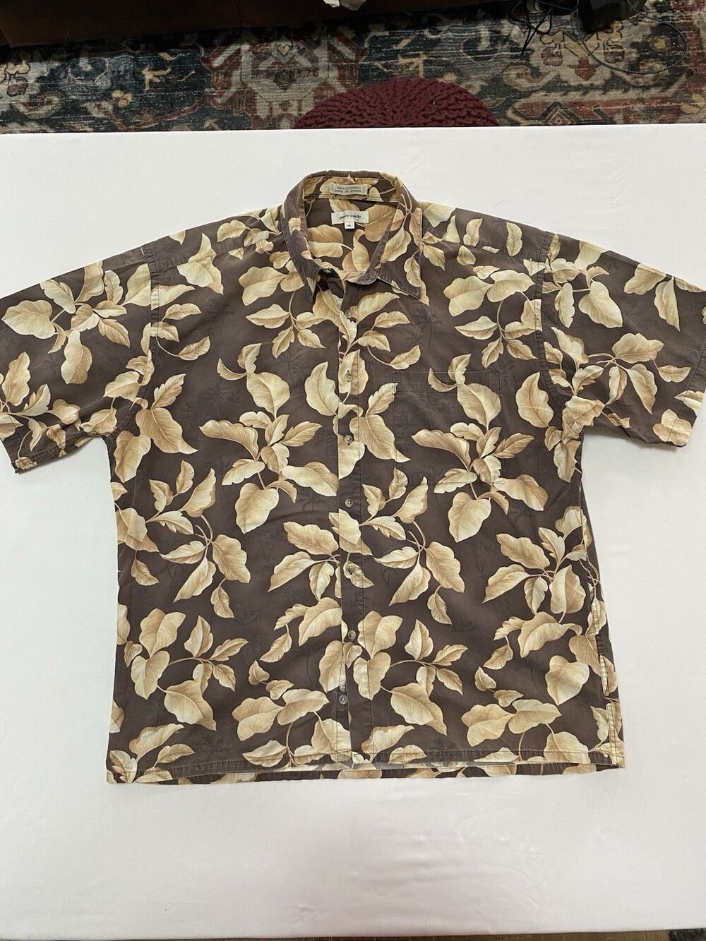 Pierre Cardin Men’s XL Hawaiian Camp Shirt Brown Leaf Tropical Cotton Vintage